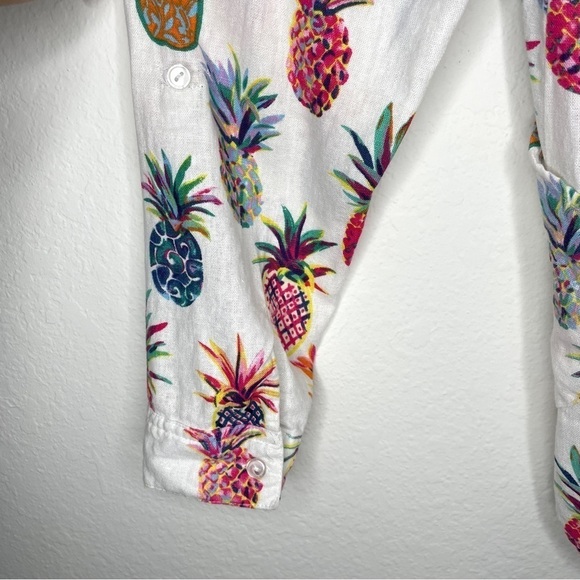 Sigrid Olsen Pineapple Novelty Multicolor Print Linen Blend Top With Pockets - Picture 6 of 10